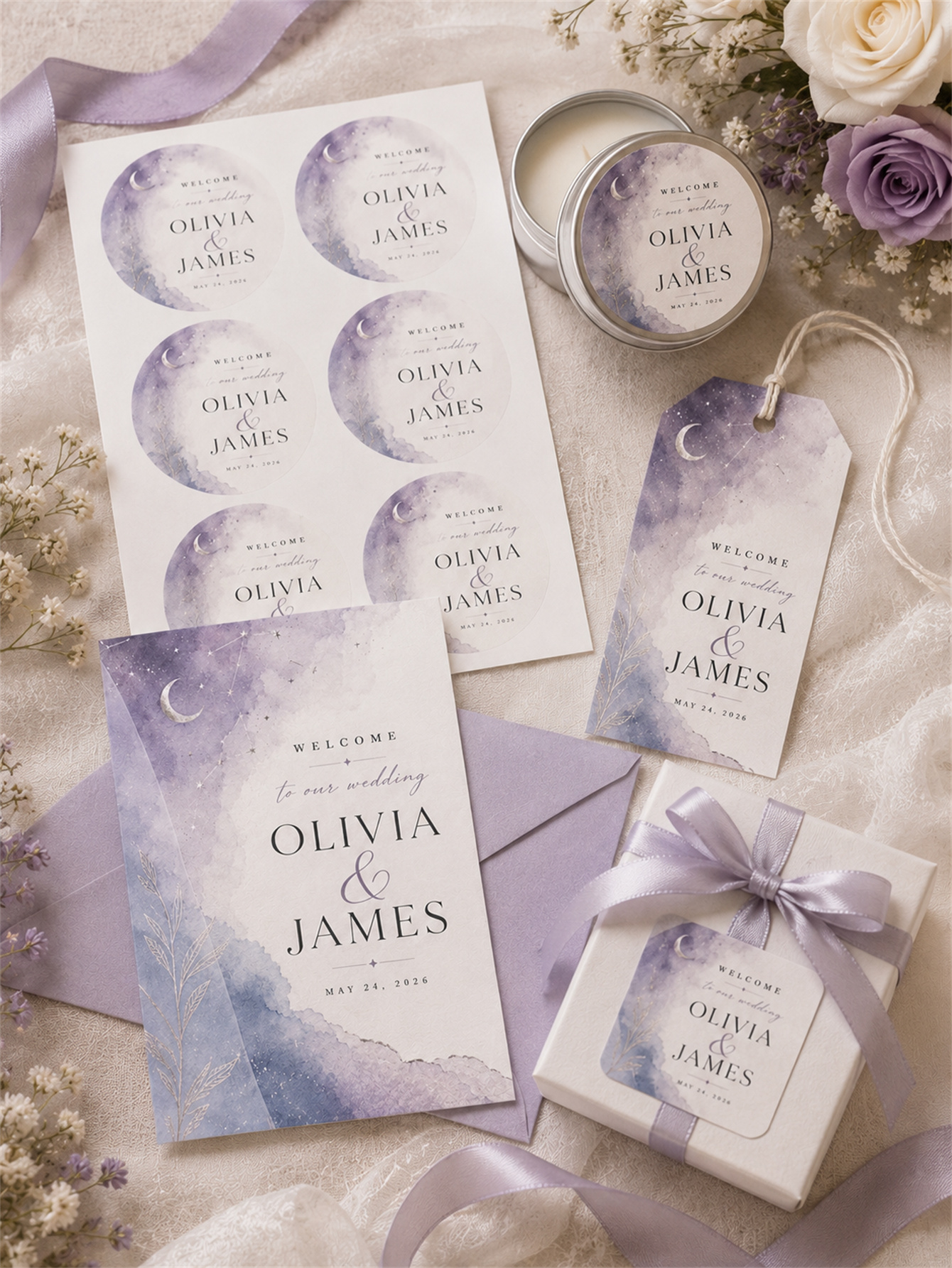 Customized celestial lavender wedding decorations - moon, stars and watercolor designs for a luxurious wedding - customized names and dates